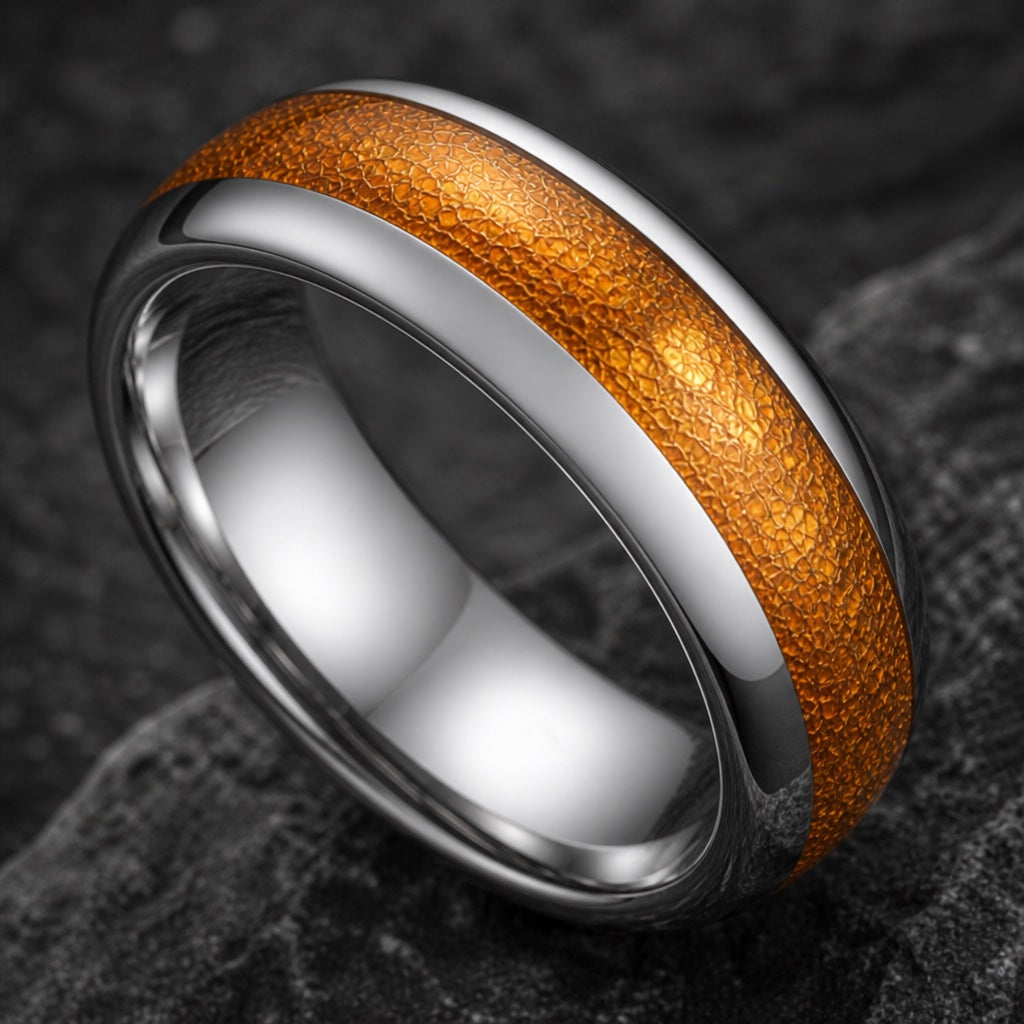 Amber ring angled to show the polished silver interior of the band