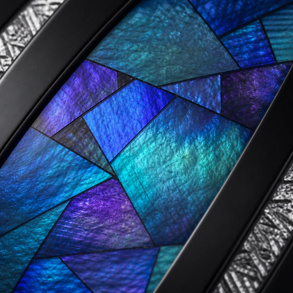 Extreme close-up of the Andromeda ring's iridescent abalone centre channel