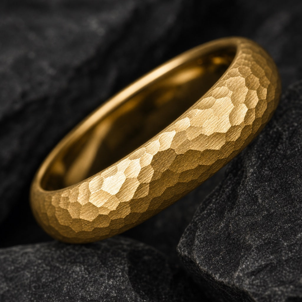 Macro of the Apollo ring's hammered gold exterior facets