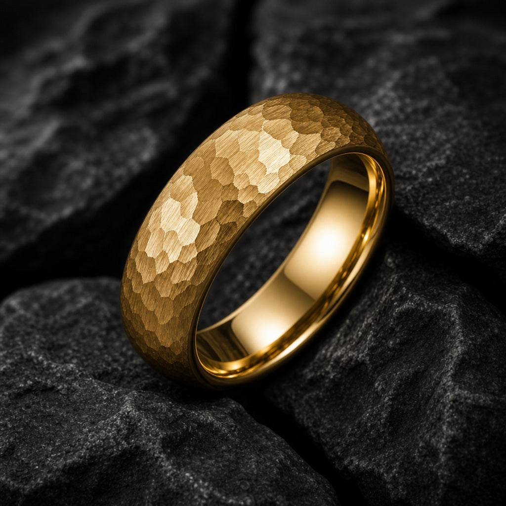 Apollo ring angled to show the blank polished gold interior on dark stone