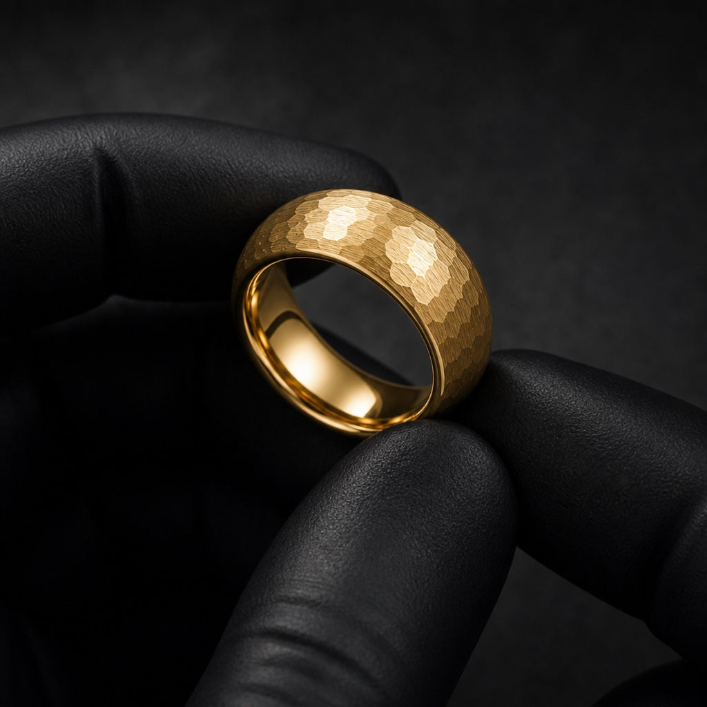 Gloved hands presenting the Apollo ring, comfort-fit curve and polished gold interior visible