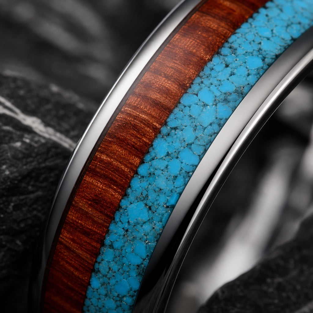 Macro of the Aqua ring dual centred koa wood and crushed turquoise inlays abutting flush with no silver separator