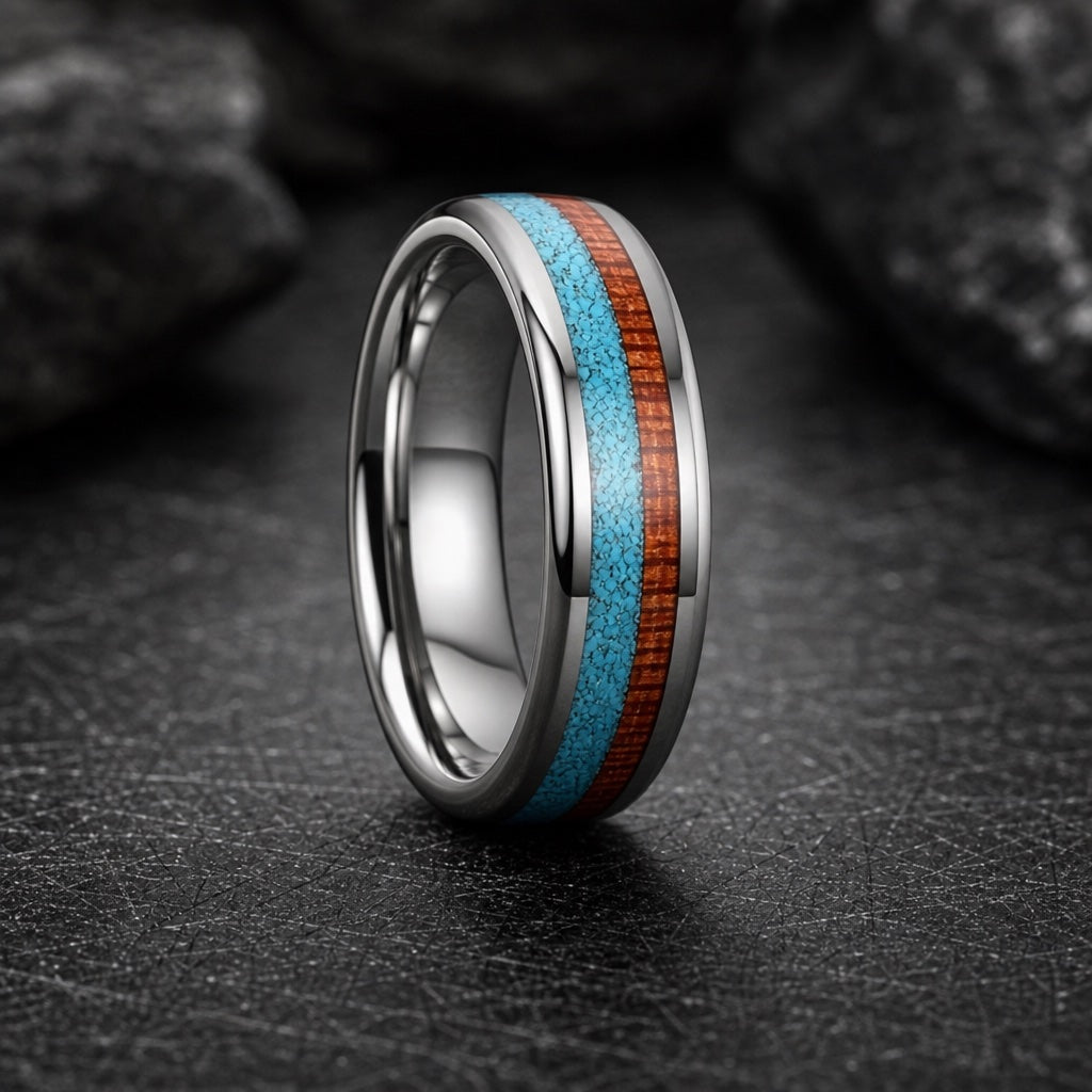 Aqua ring showing the round soft domed silver profile with dual koa and turquoise inlays