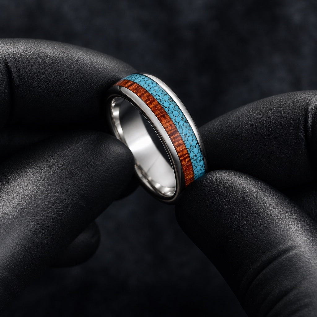 Black latex gloved hands presenting the Aqua ring, silver interior and flush dual inlays visible