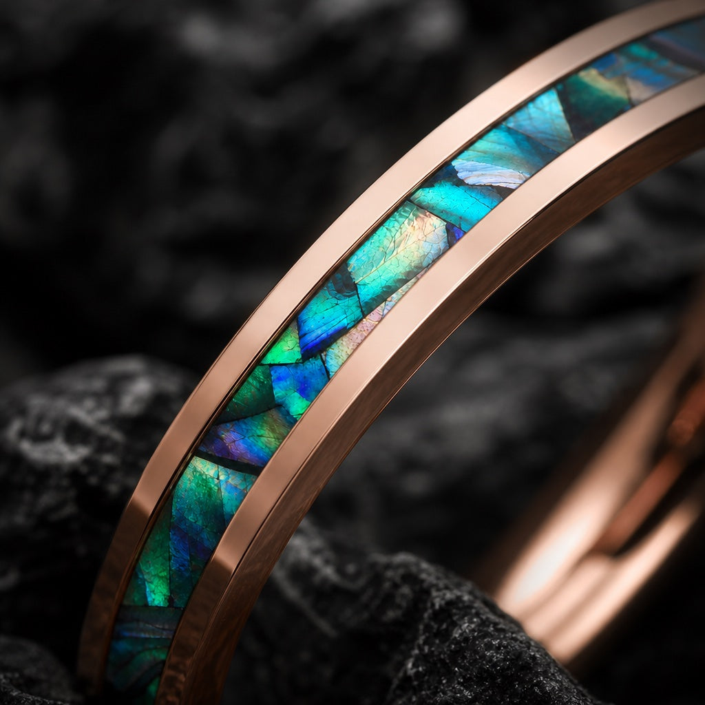 Macro of the Arcane ring's centred iridescent abalone inlay in polished rose gold