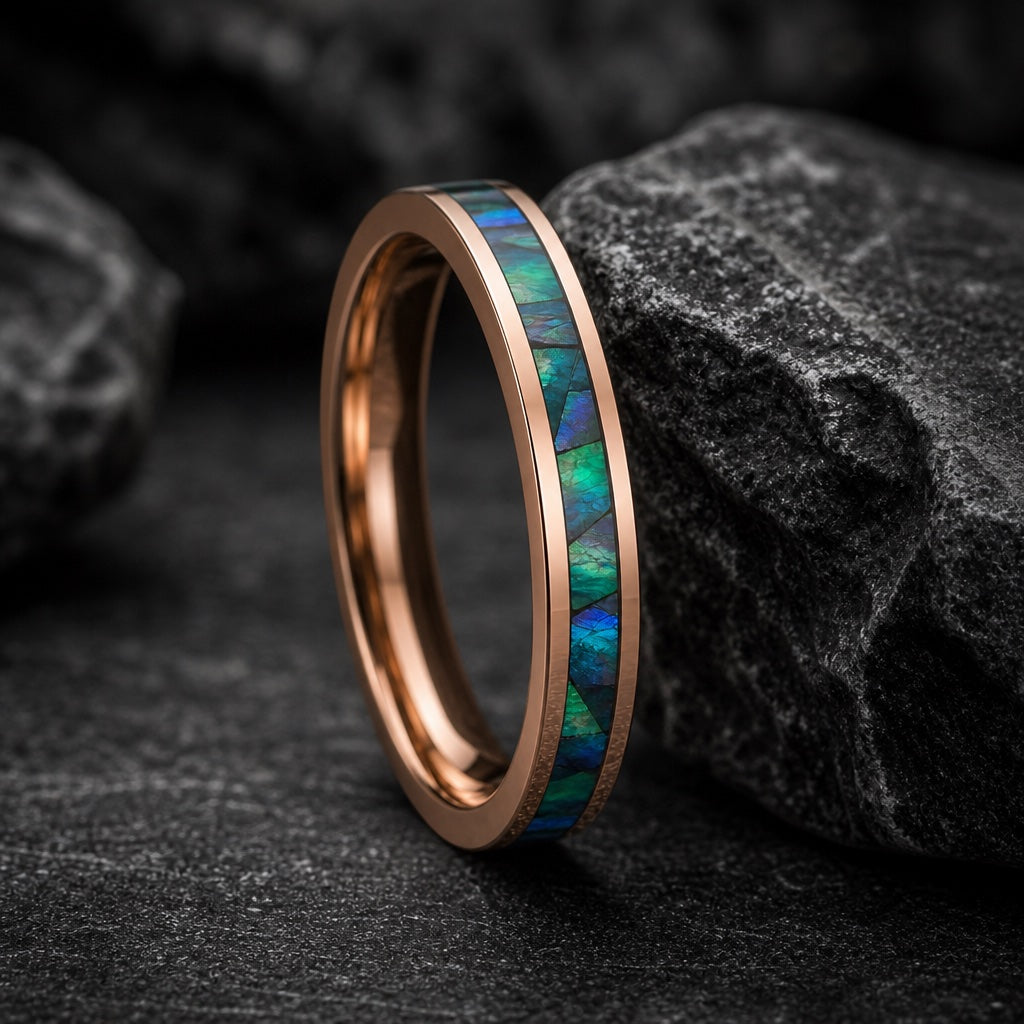 Arcane ring showing flat rose gold face, crisp edges, and centred abalone channel