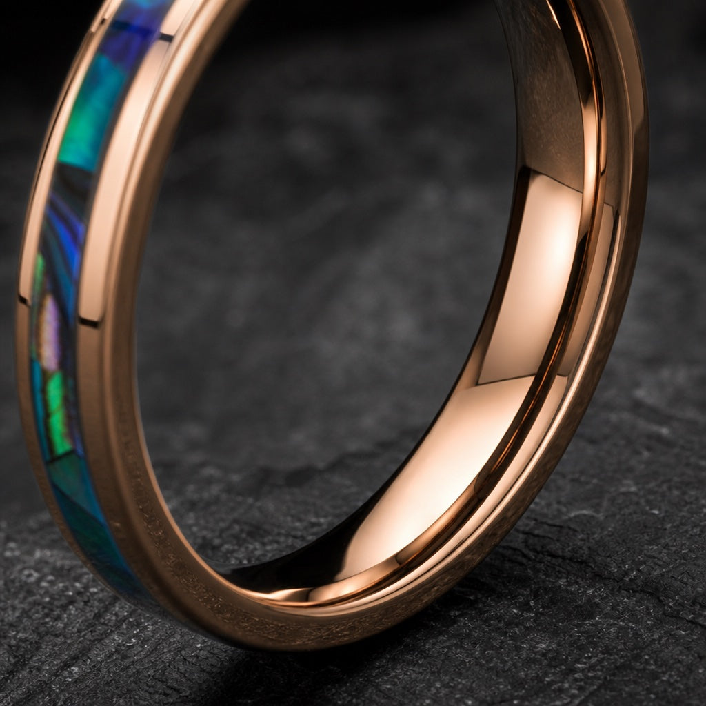 Arcane ring angled to show the blank polished rose gold interior on dark stone