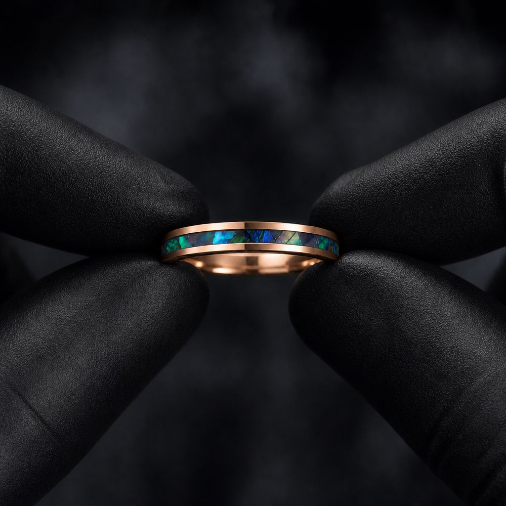 Gloved hands presenting the Arcane ring, rose gold interior and centred abalone visible