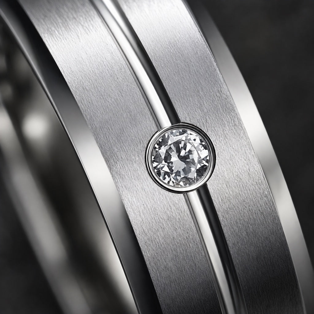 Macro of the Arctic ring's flush clear centre stone set in the centred polished silver groove on brushed silver