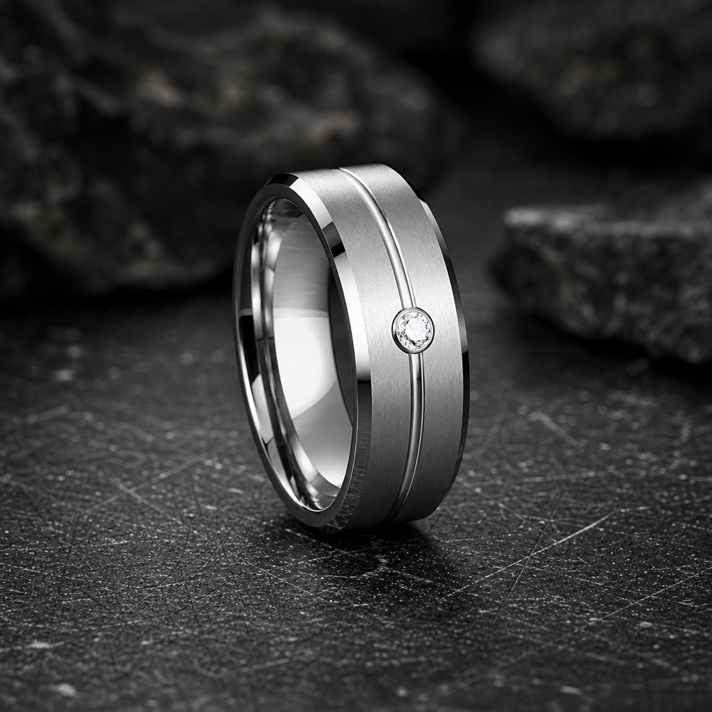Arctic ring standing on dark charcoal stone showing centred polished groove, brushed face, bevelled edges and clear centre stone