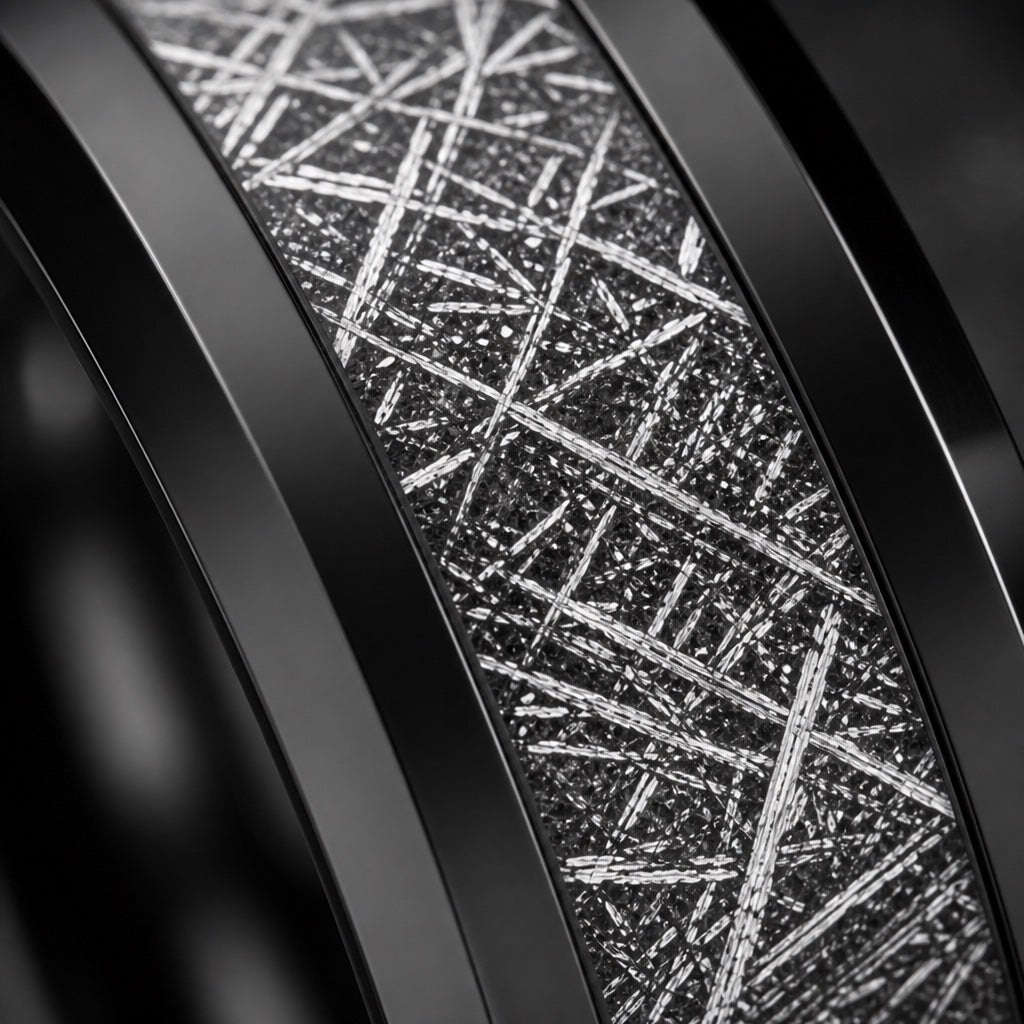 Macro of the Astro ring's wide Widmanstätten meteorite inlay