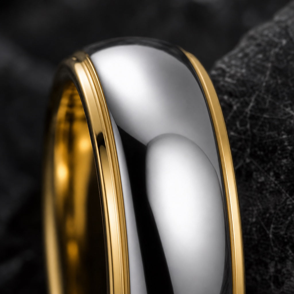 Macro of the Aura ring's wide domed polished silver centre