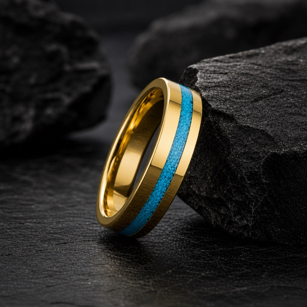 Azure ring showing off-centre turquoise channel and asymmetric gold field