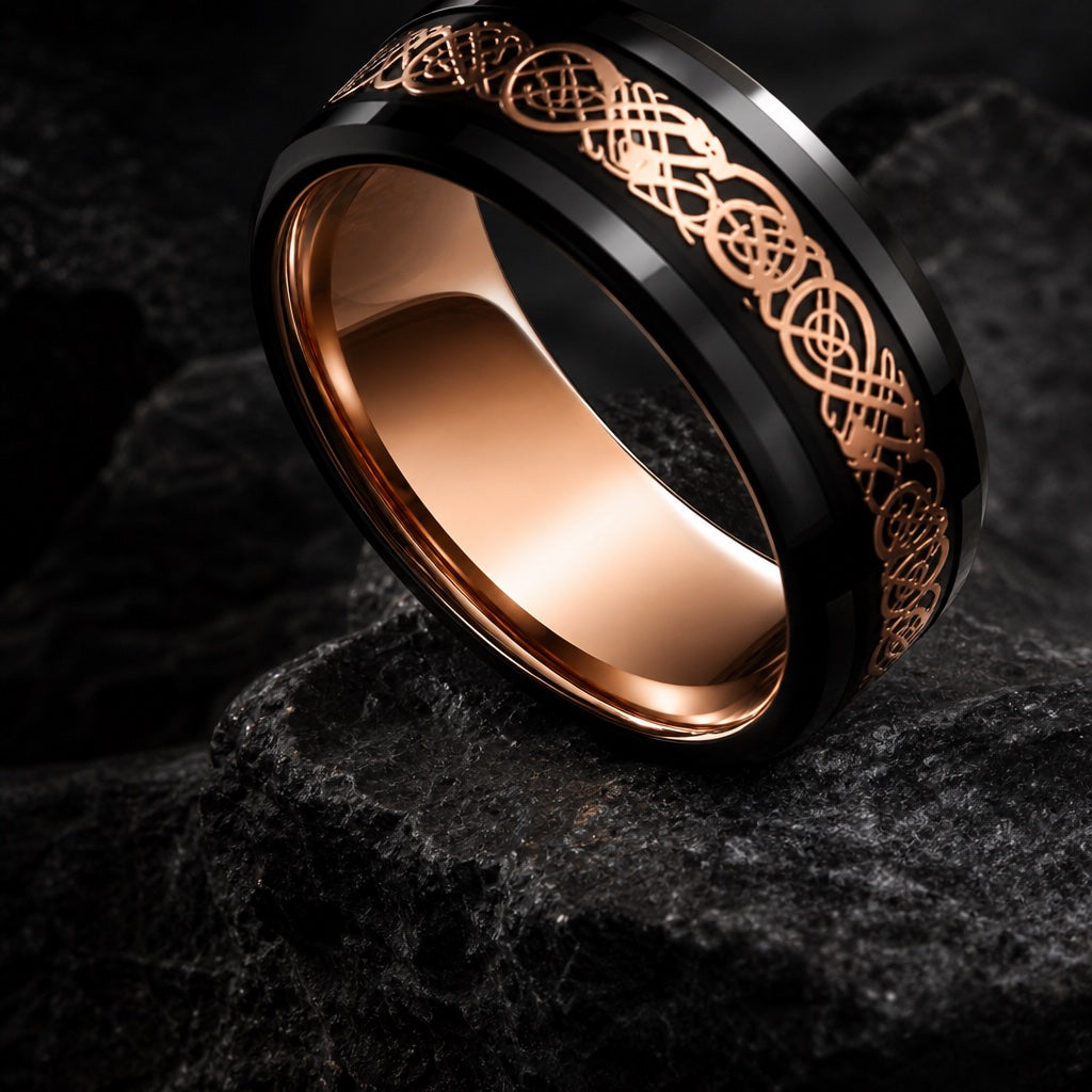 Basilisk ring angled to show the polished rose gold interior of the band on dark stone