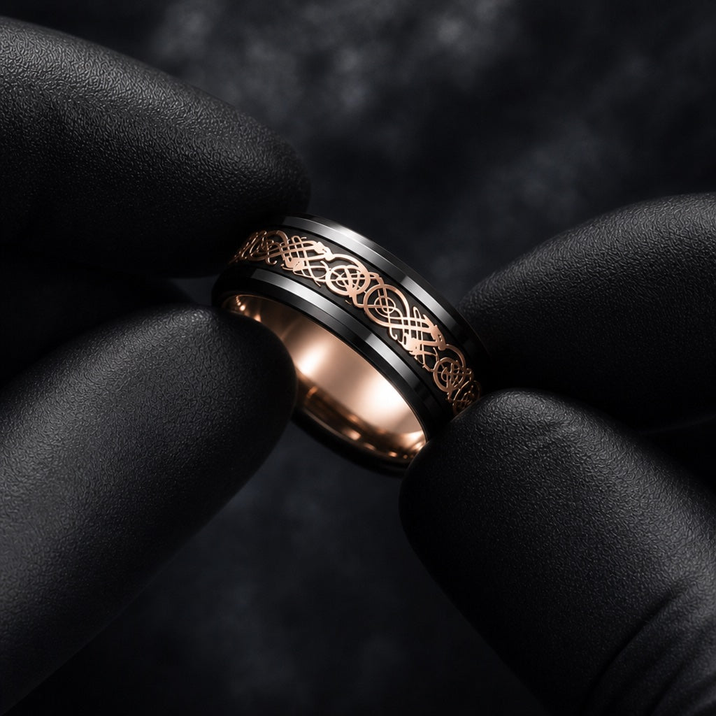 Gloved hands presenting the Basilisk ring, comfort-fit curve and rose-gold filigree visible