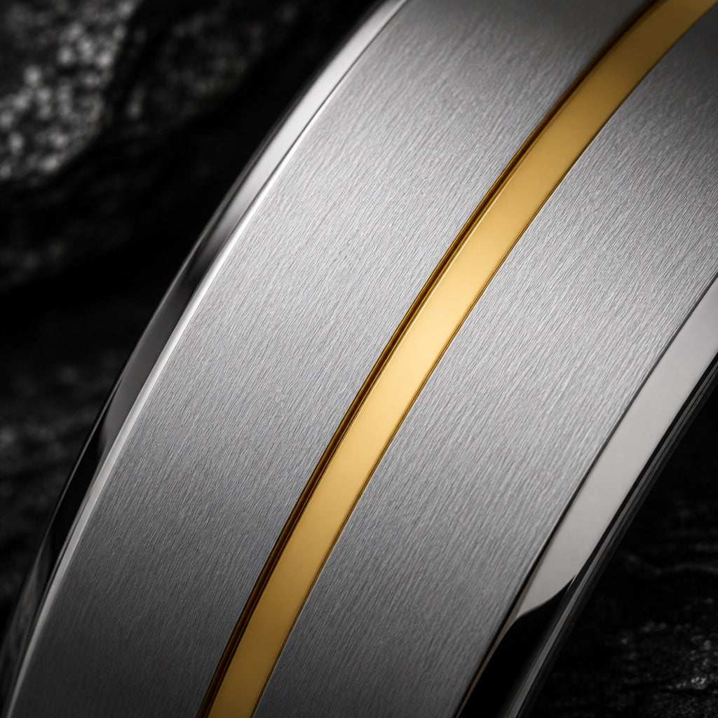 Macro of the Beam ring's thin recessed yellow-gold centre stripe splitting brushed silver faces on dark charcoal stone