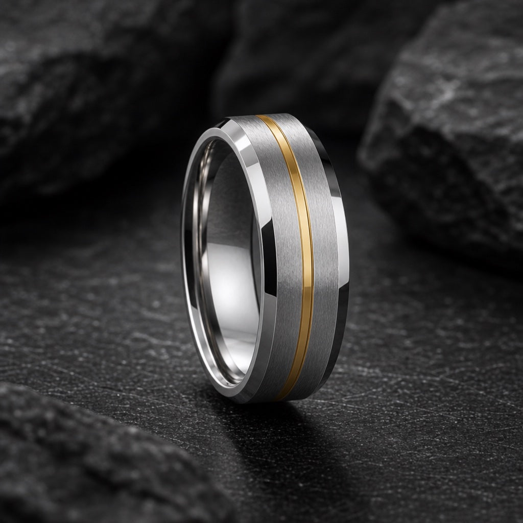 Beam ring profile showing polished silver bevelled edges framing brushed silver faces and the gold centre stripe on dark charcoal stone
