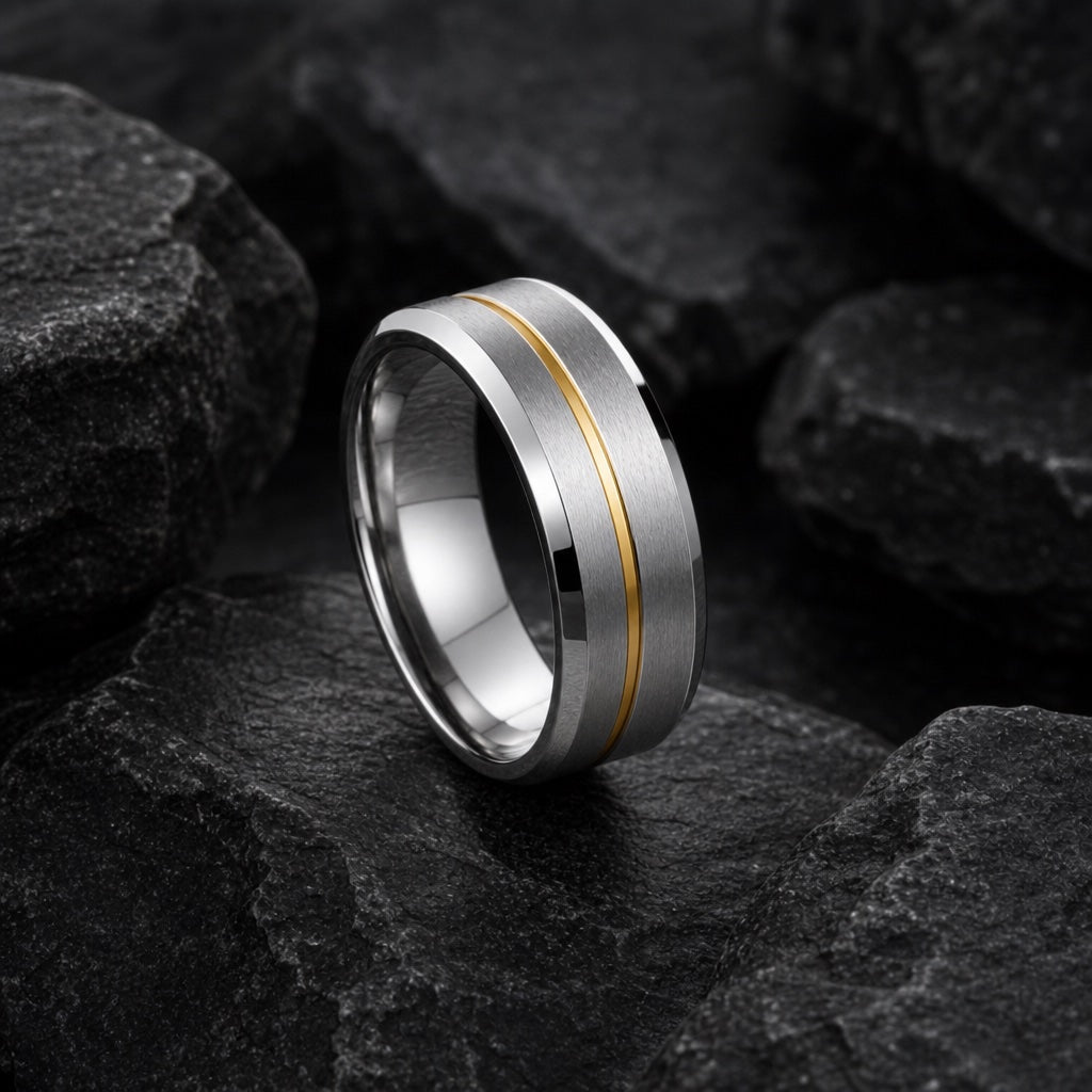 The Beam ring resting on dark charcoal rock, brushed silver face, gold centre stripe, and polished bevels fully readable