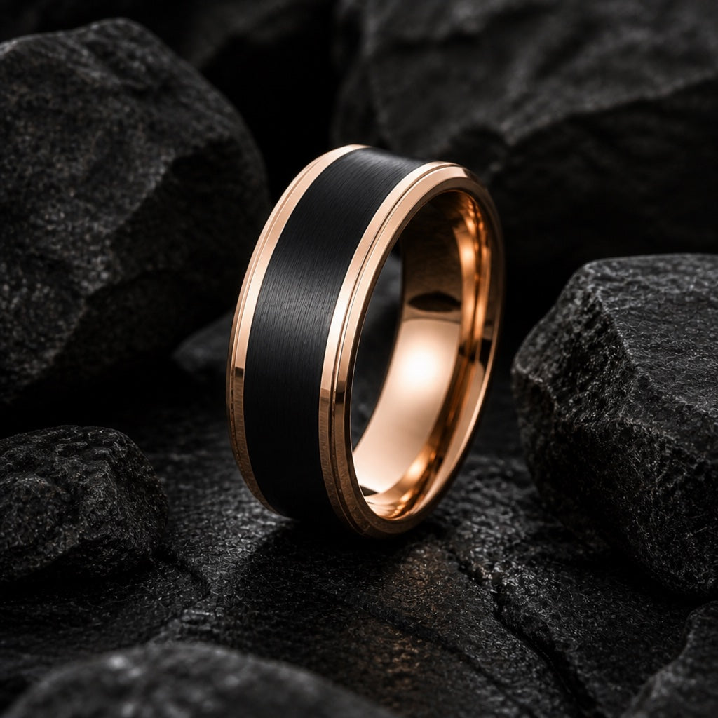 The Boss ring resting against dark charcoal rock, brushed black centre and rose-gold stepped rails visible