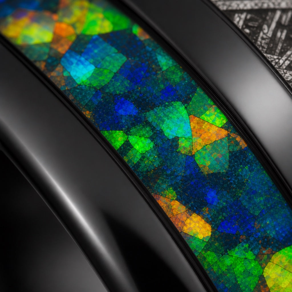 Extreme close-up of the Celestial ring's iridescent abalone channel