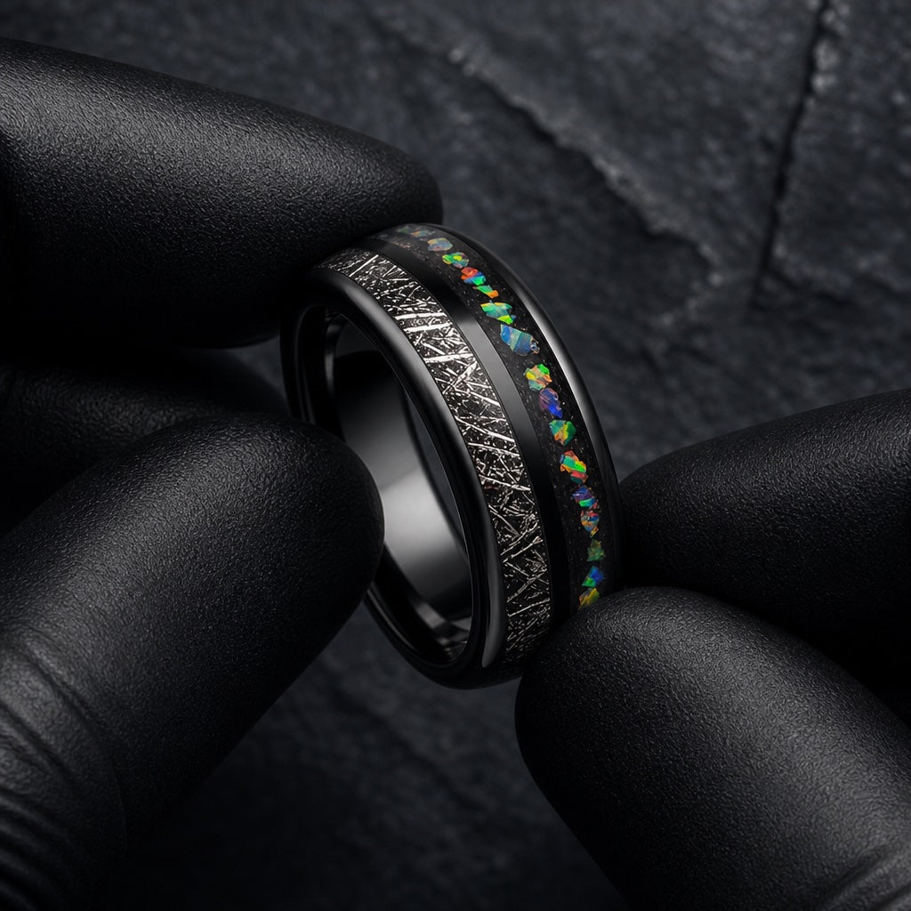 Gloved hands presenting the Celestial ring, comfort-fit curve visible