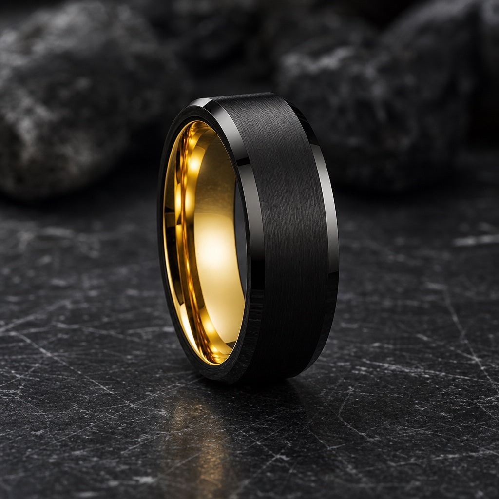 Champion ring showing polished black bevelled edges against the brushed black face on dark charcoal stone