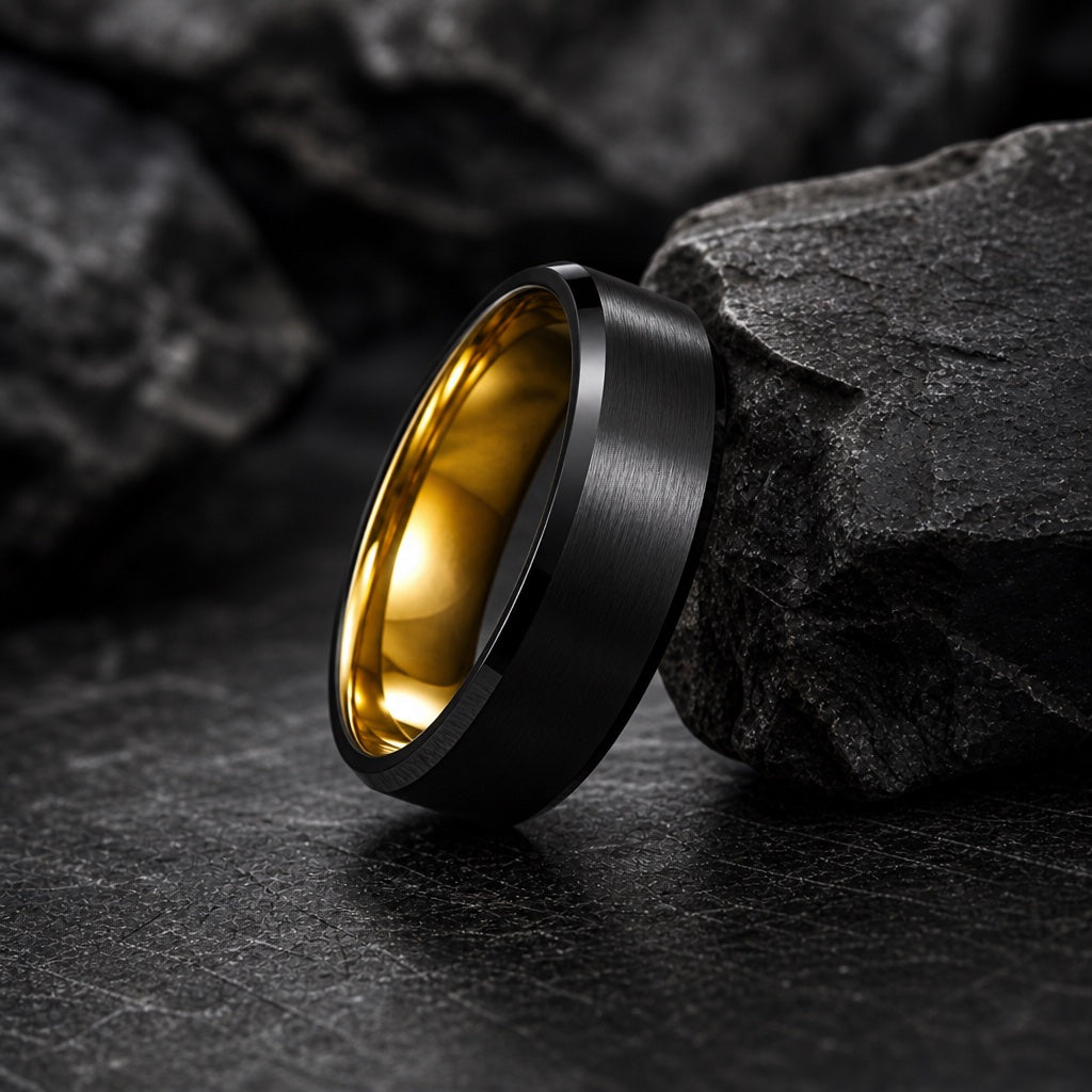 The Champion ring resting against dark charcoal rock, brushed black body, polished black bevels and yellow gold interior visible