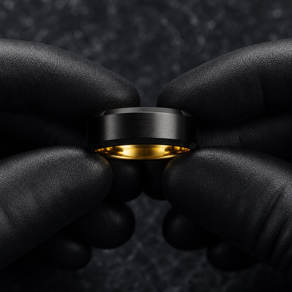 Black latex gloved hands presenting the Champion ring, yellow gold interior and brushed black face visible