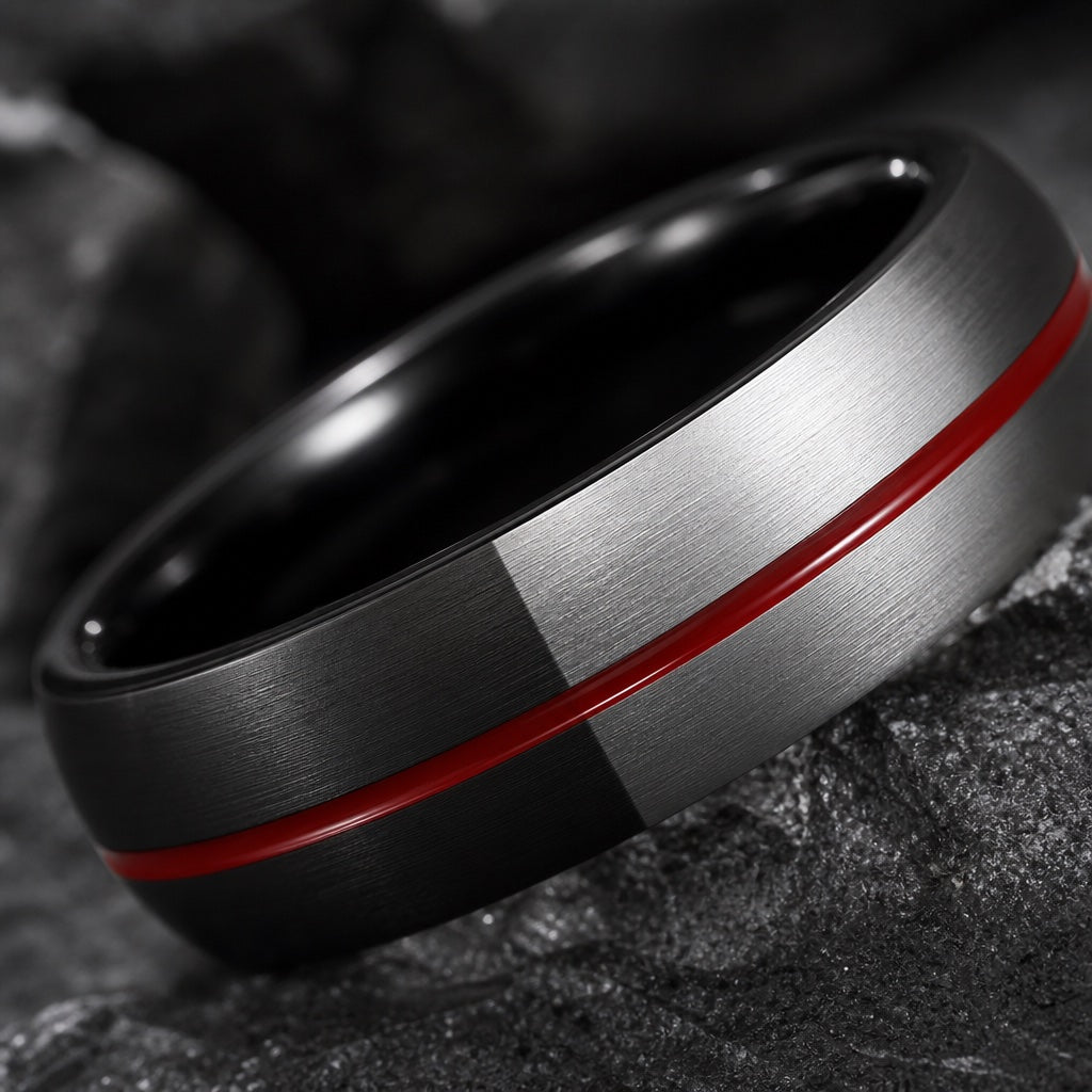 Macro of the Daredevil ring's thin centred red divider between black and brushed silver halves