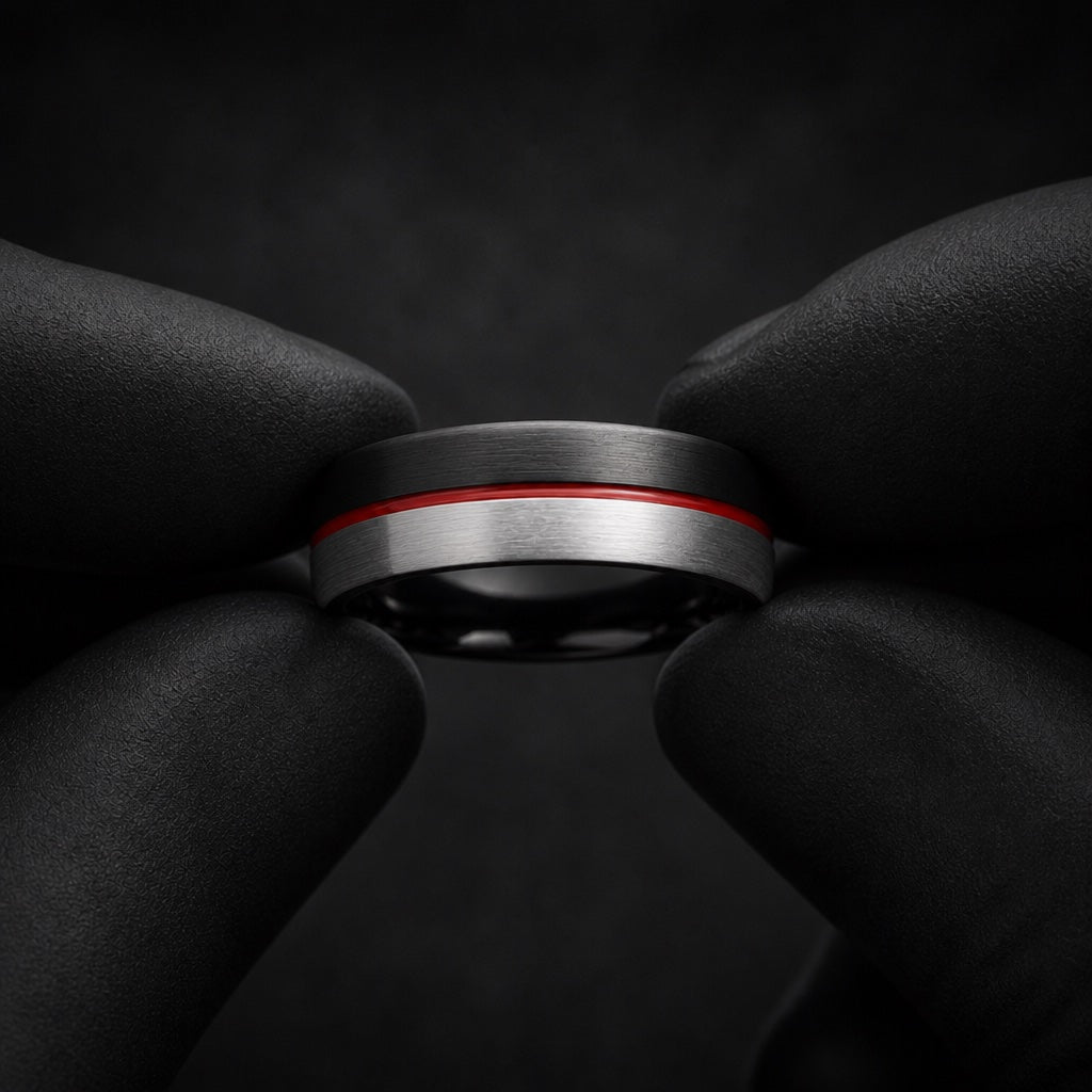 Gloved hands presenting the Daredevil ring, centred red divider and comfort-fit curve visible