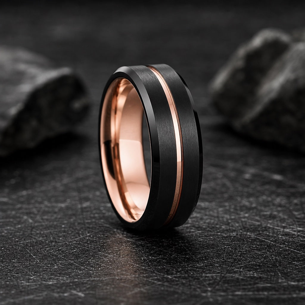 Director ring showing bevelled polished black rails and brushed face with centred rose-gold groove on dark charcoal stone