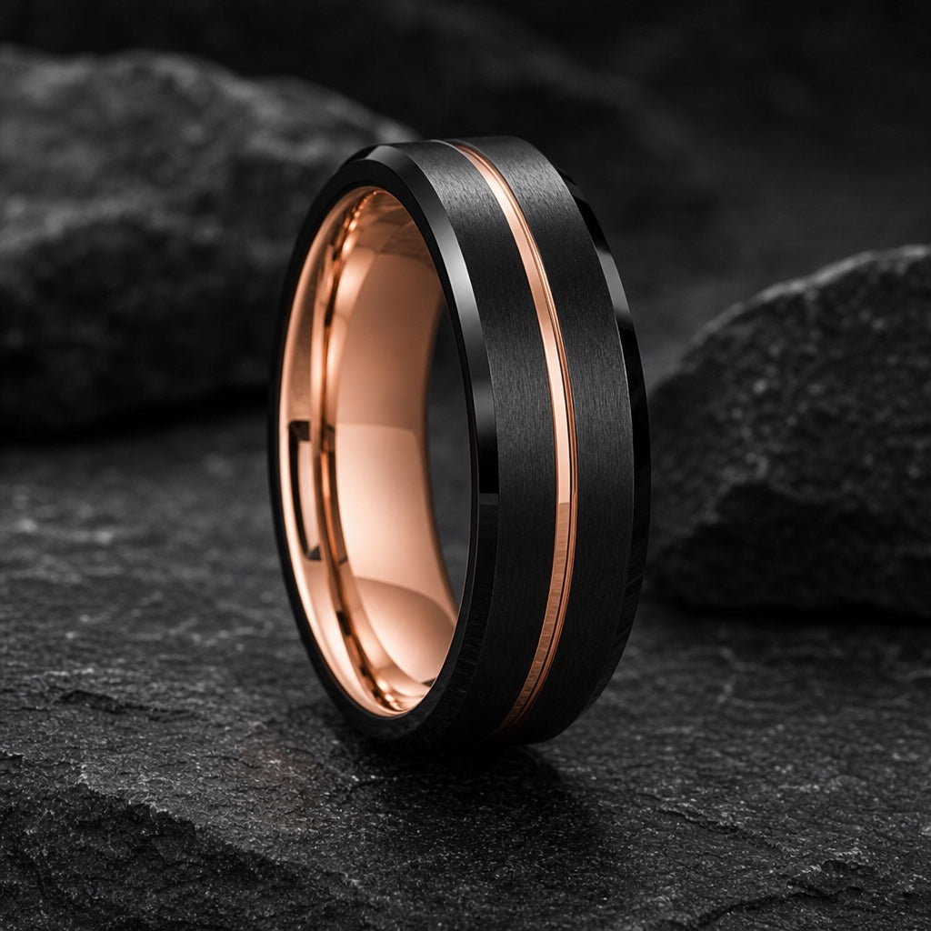 Director ring angled on dark charcoal stone to show the blank polished rose-gold interior and centred exterior groove