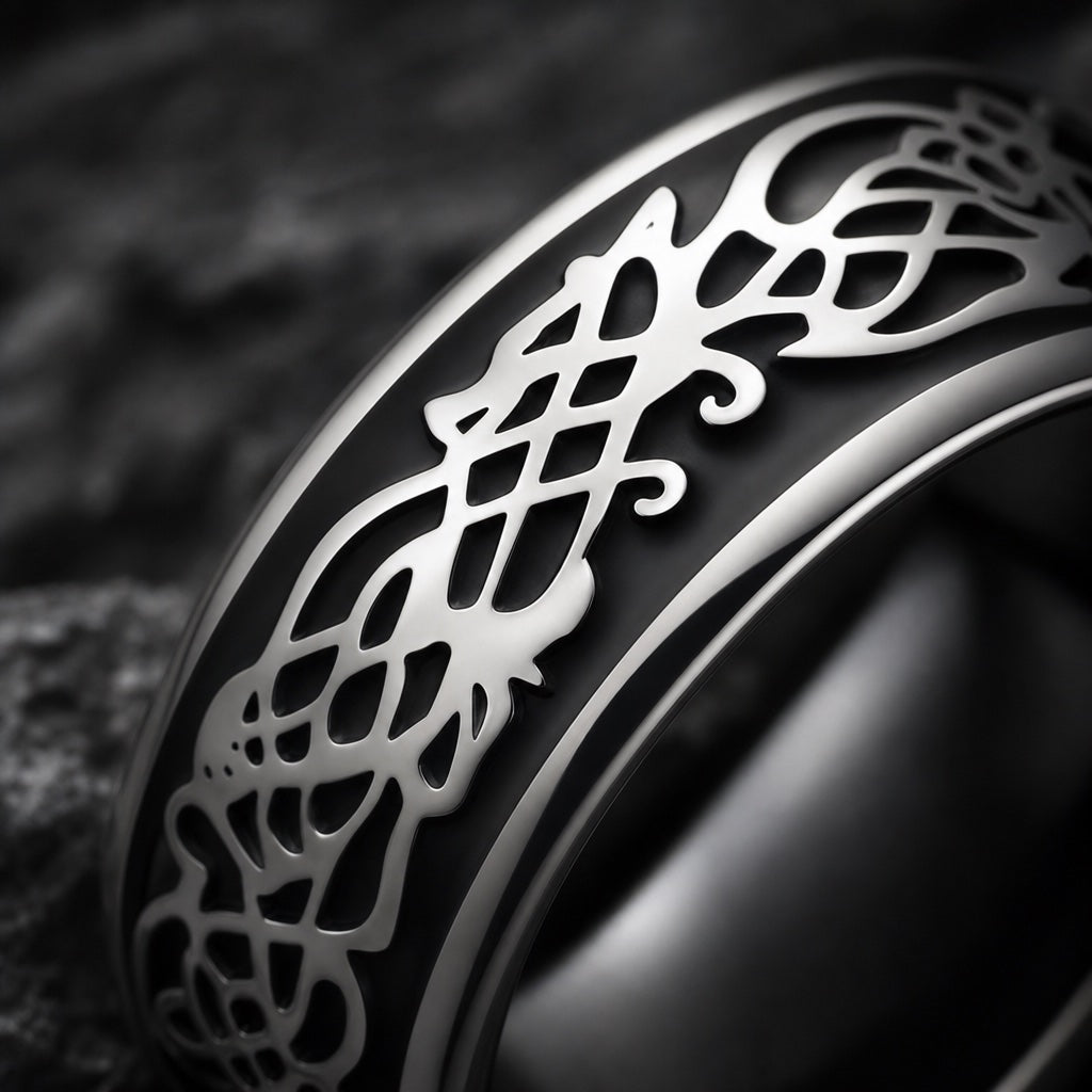 Macro of the Drago ring's raised polished silver dragon and Celtic scroll relief on black