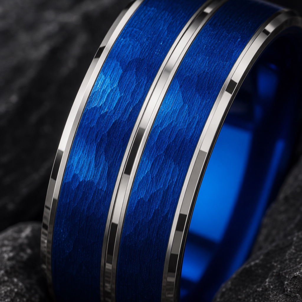 Macro of the Dynamo ring twin polished silver rails on hammered electric-blue face