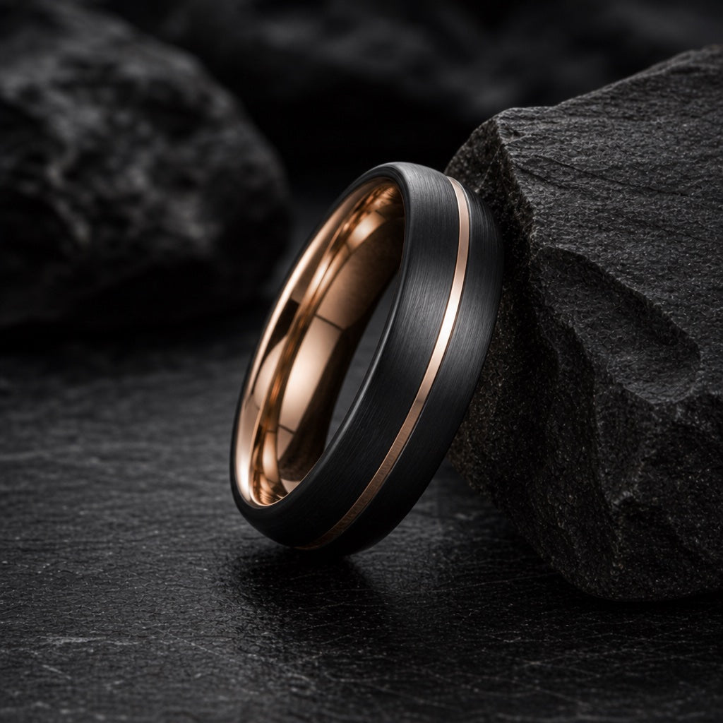 The Executive ring resting against dark charcoal rock, brushed black body and centred recessed rose-gold channel visible
