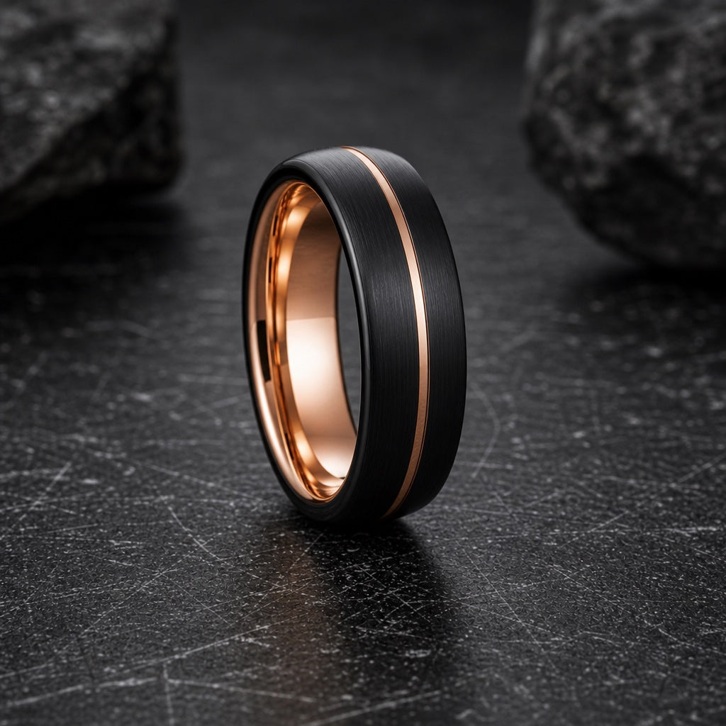 Executive ring angled on dark charcoal stone to show the blank polished rose-gold interior and centred exterior channel