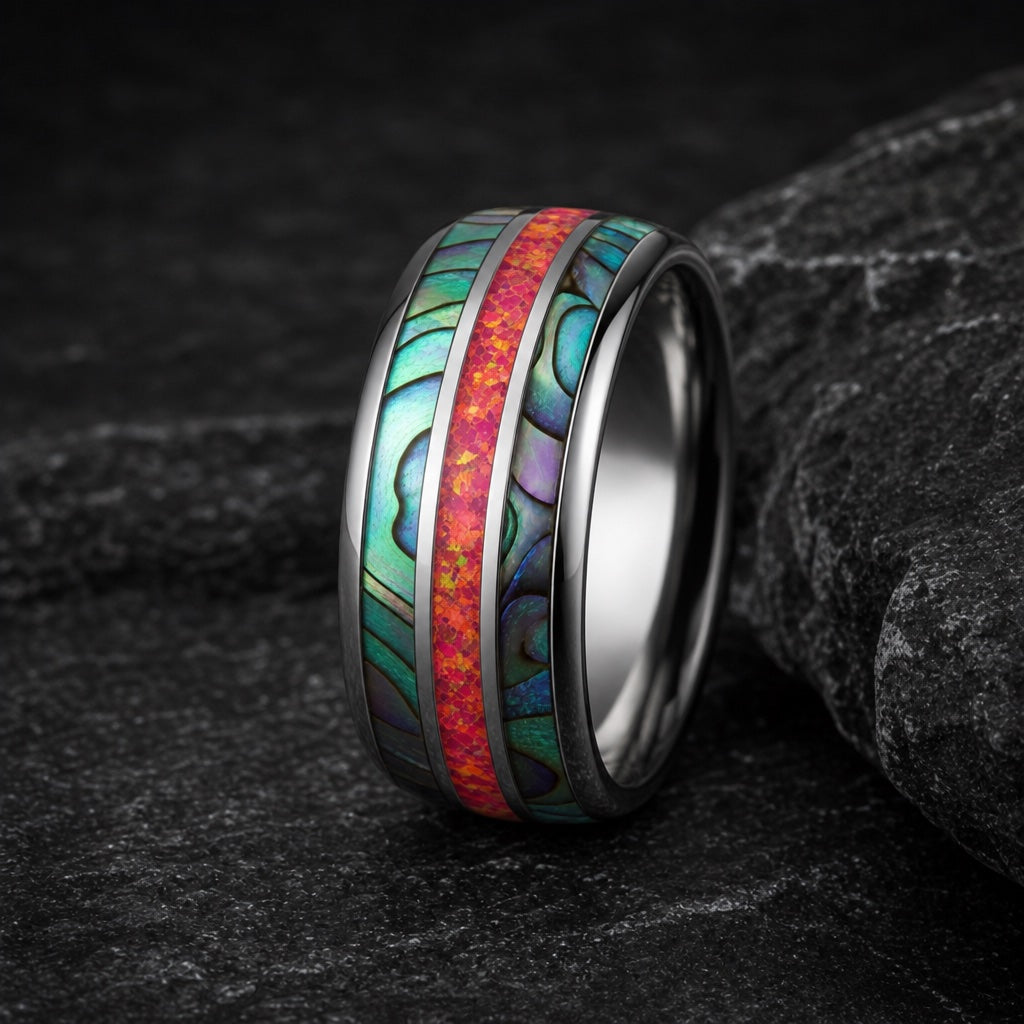 Firestone ring showing iridescent abalone flank channels flanking the fire opal centre on dark charcoal stone