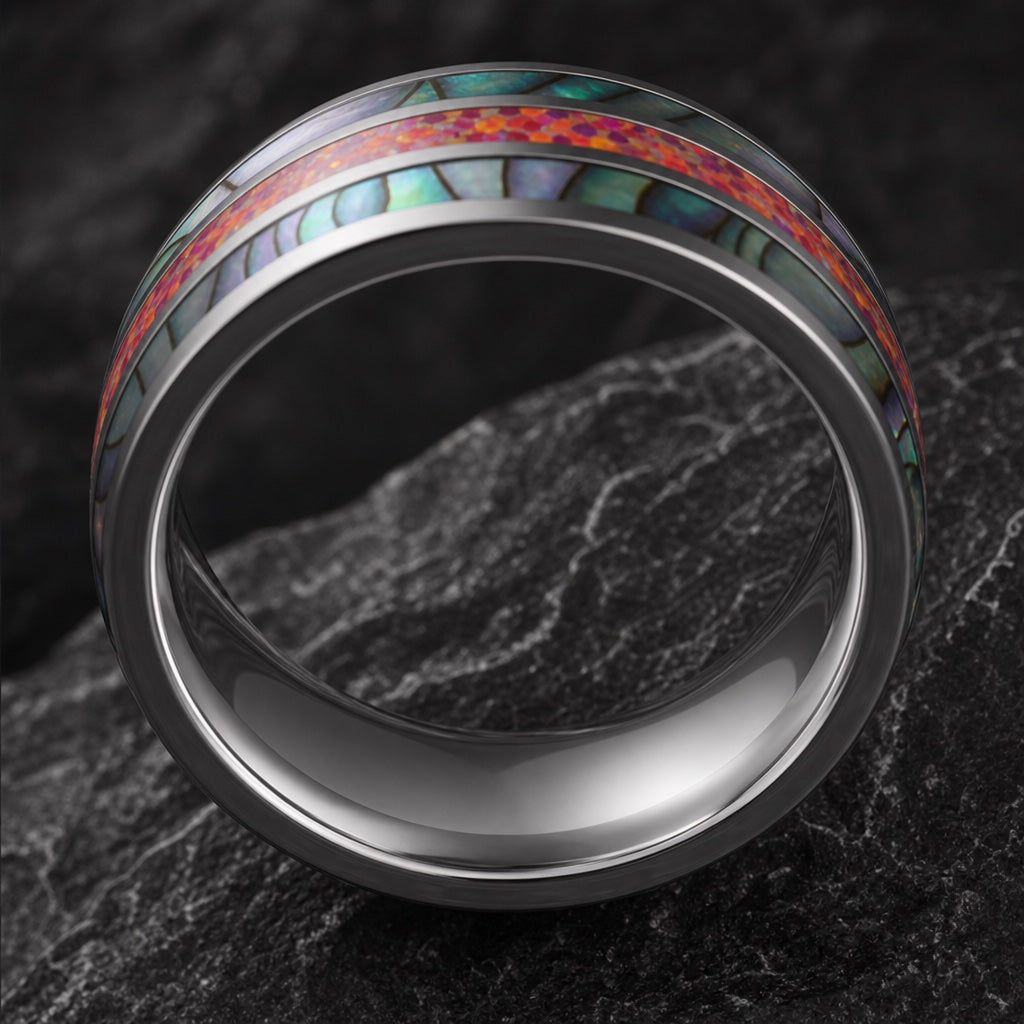 Firestone ring angled on dark charcoal stone to show the blank polished silver interior of the band