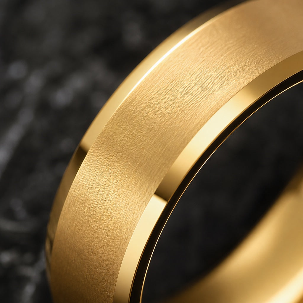 Macro of the Flare ring's solid yellow-gold face and polished bevel on dark charcoal stone