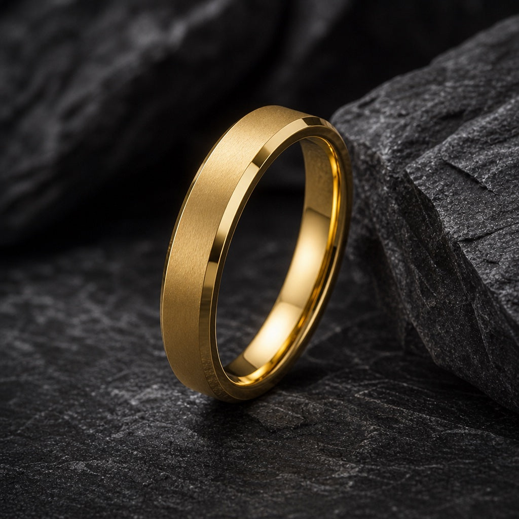 Flare ring showing polished bevelled yellow-gold edges against the gold face on dark charcoal stone