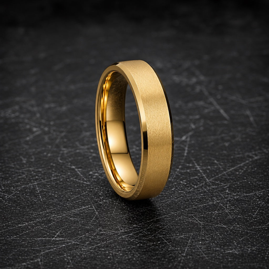 Flare ring angled on dark charcoal stone to show the blank polished yellow-gold interior of the band