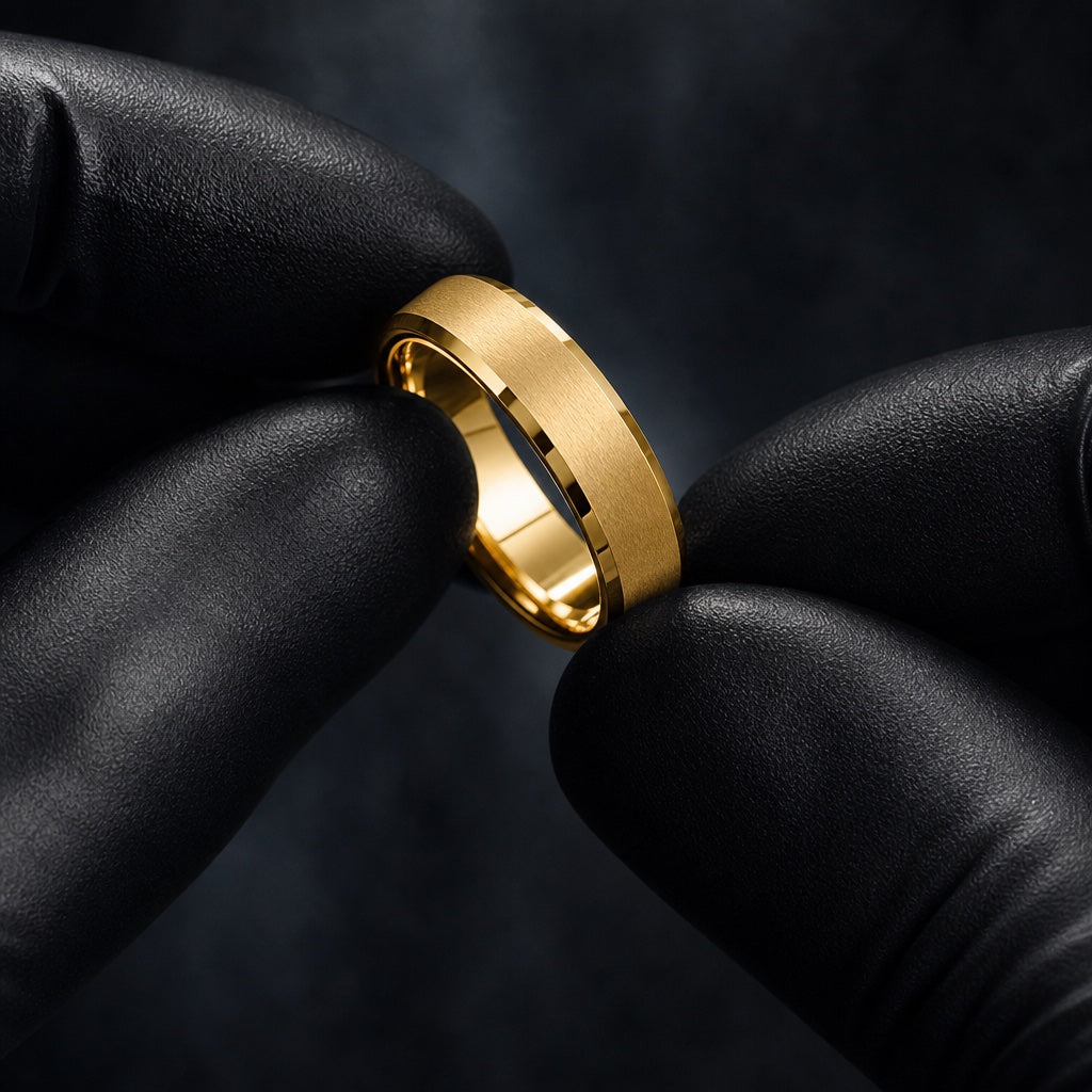 Gloved hands presenting the Flare ring, solid yellow gold and bevelled edges visible