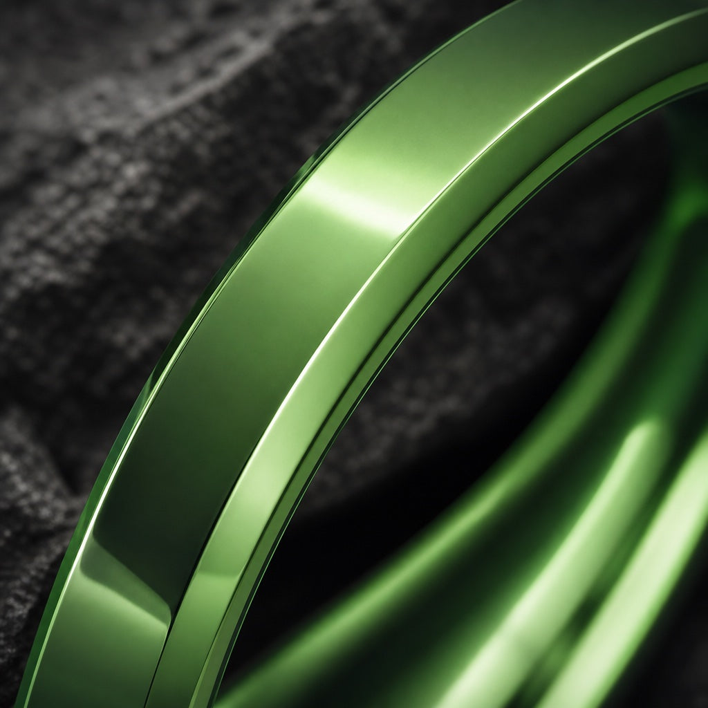 Macro of the Fortune ring's solid polished green tungsten exterior on dark charcoal stone