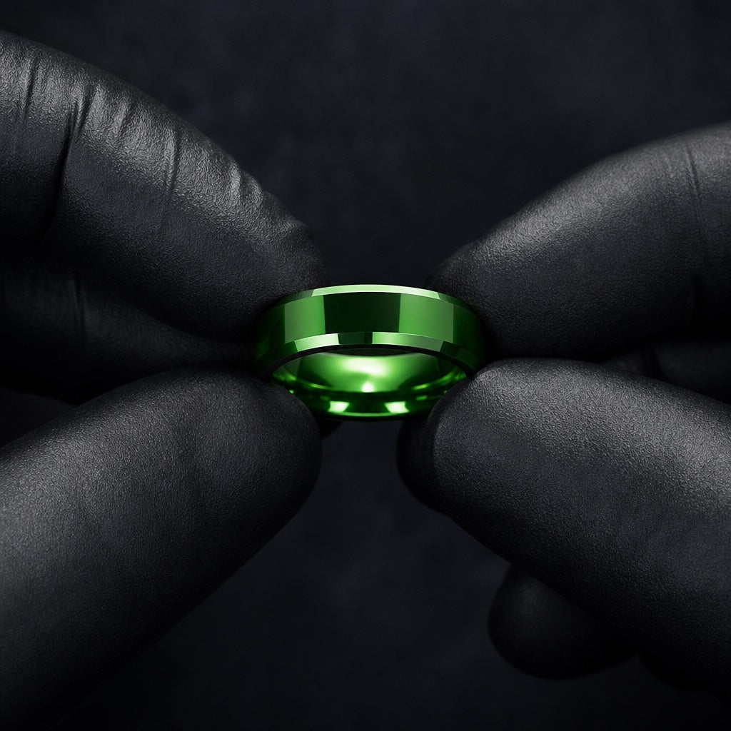 Gloved hands presenting the Fortune ring, solid polished green exterior and comfort-fit curve visible