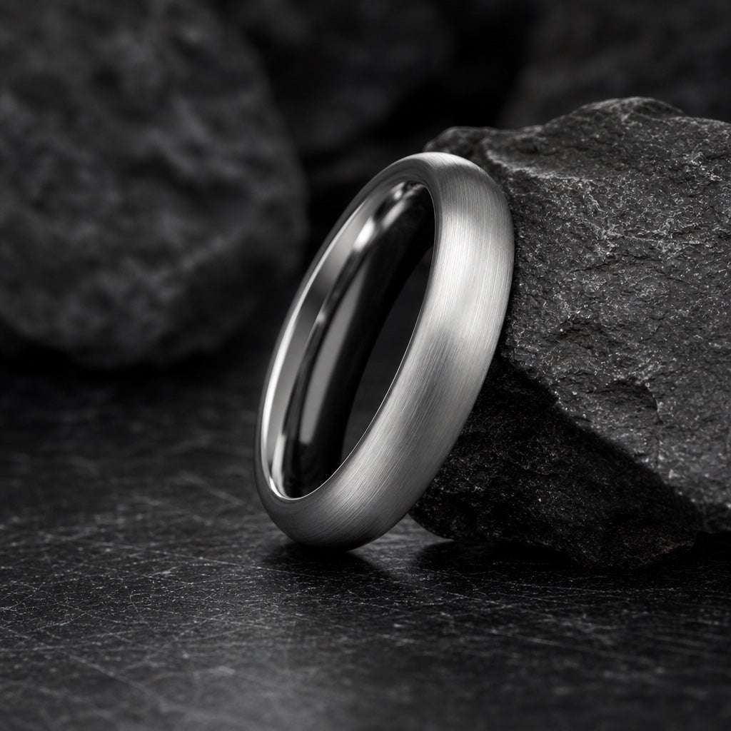 The Frost ring resting against dark charcoal rock, brushed silver round dome body visible