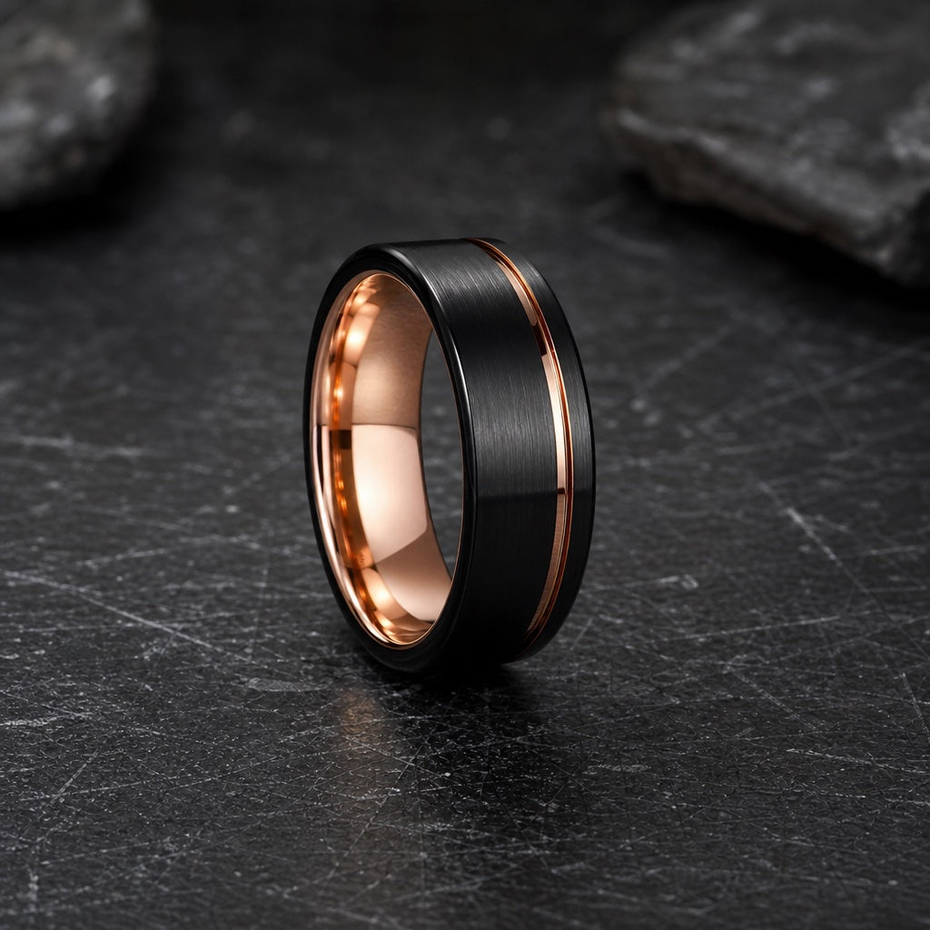Governor ring on dark charcoal stone showing thin off-centre rose-gold groove and asymmetric brushed black fields with bevelled edges