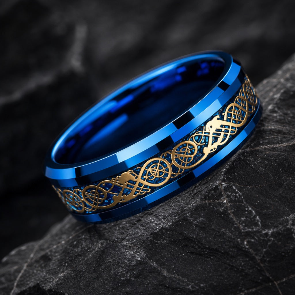 Hydra ring showing polished electric blue tungsten face and bevelled outer rails