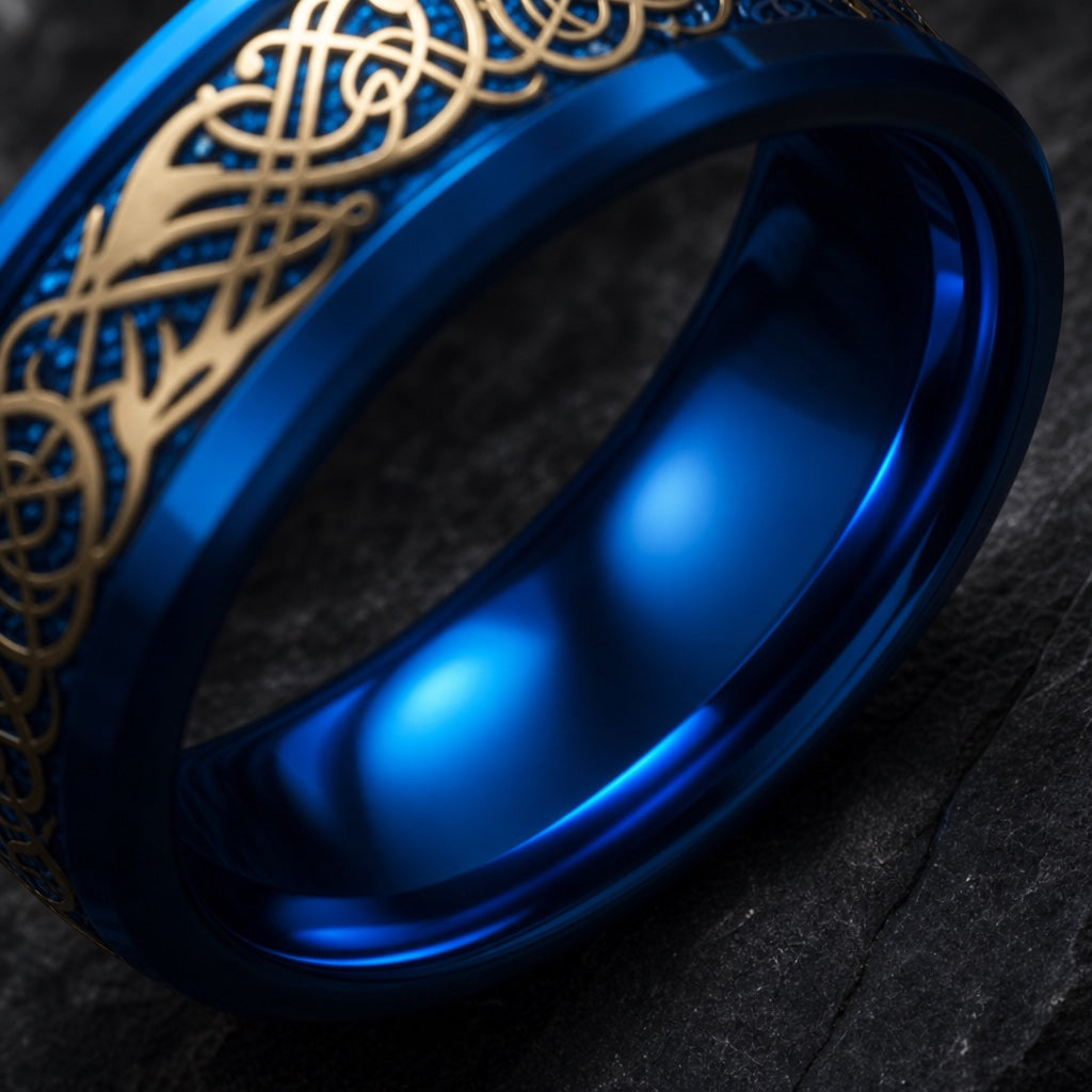 Hydra ring angled on dark stone showing the polished electric blue blank interior