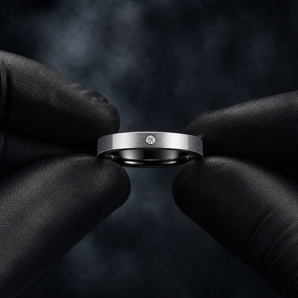 Black latex gloved hands presenting the Ice ring, flat brushed silver band and flush clear stone visible