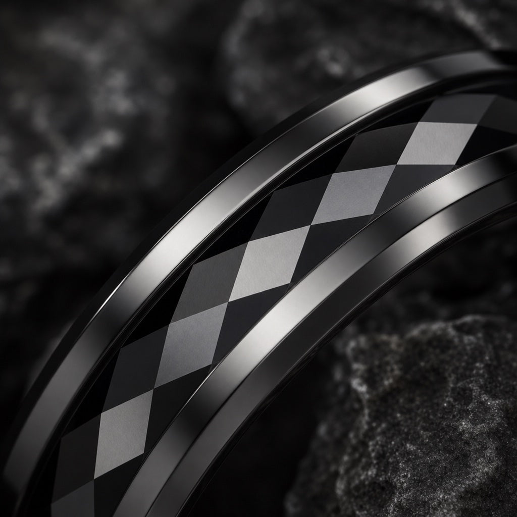 Macro of the Immortal ring's centred faceted harlequin diamond geometric inlay